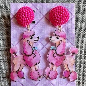 New Fun Acrylic Pink Poodle Dog w/ Beads Statement Dangle Earrings - 2.75”